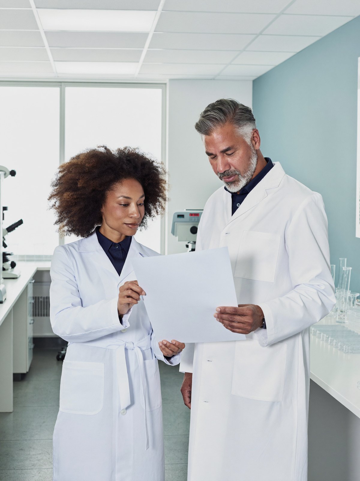 Two scientists reading a printed certificate in a bright laboratory